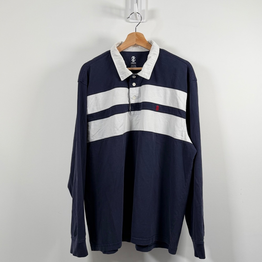 IZOD Rugby Shirt Mens 2XL Navy Blue White Striped Polo Long Sleeve Preppt